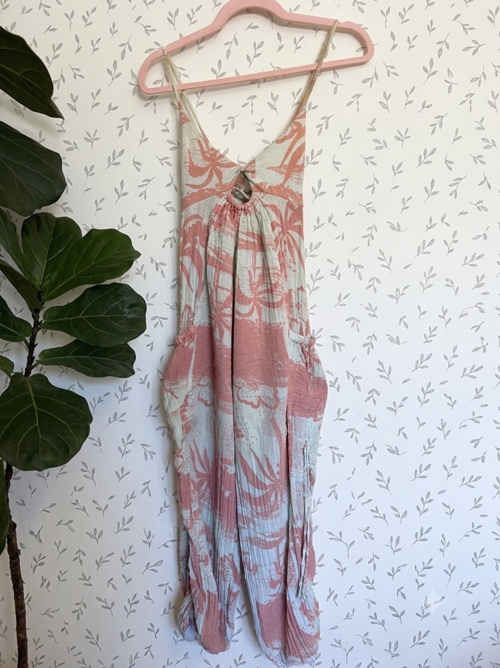 Urban Outfitters Pink and Cream Printed Jumpsuit Romper